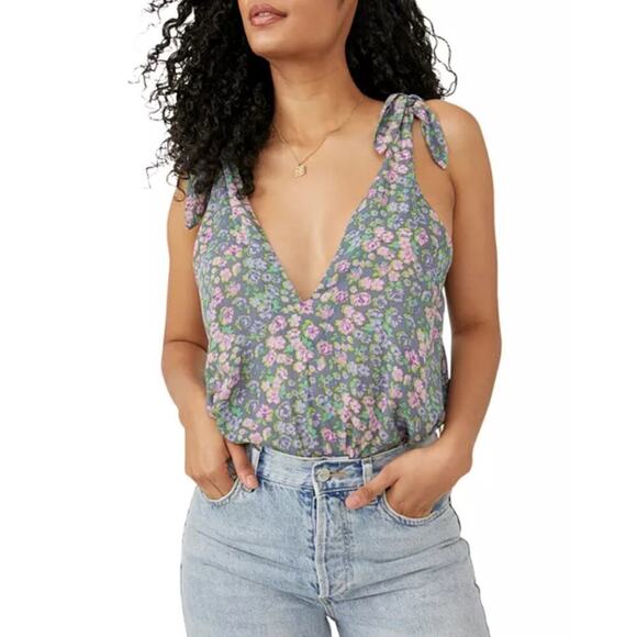 FREE PEOPLE Bare it All Thong Bodysuit Chambray Combo Size Medium - Picture 1 of 12